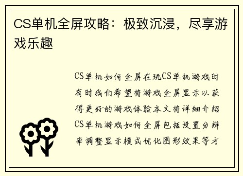 CS单机全屏攻略：极致沉浸，尽享游戏乐趣
